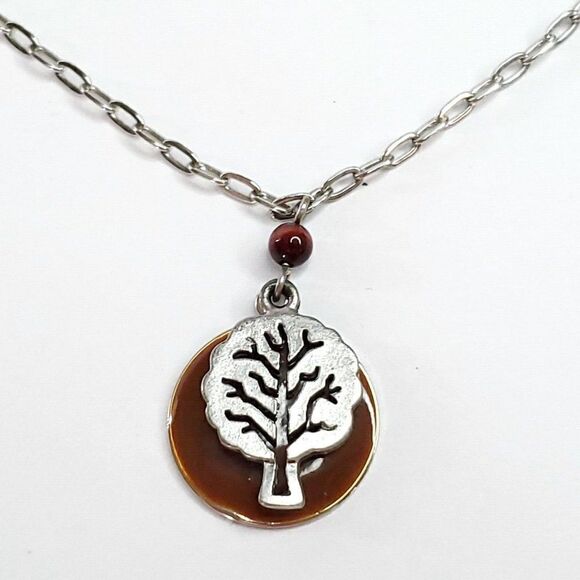 Silver Forest Link Necklace Tree Pendant Brown Enamel Circle - Picture 1 of 3
